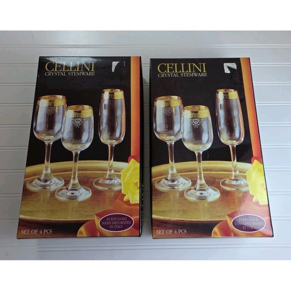 Set of 8 Cellini Crystal Stemware WATER OR WINE Glasses 24 KT Gold Trim Italy‎